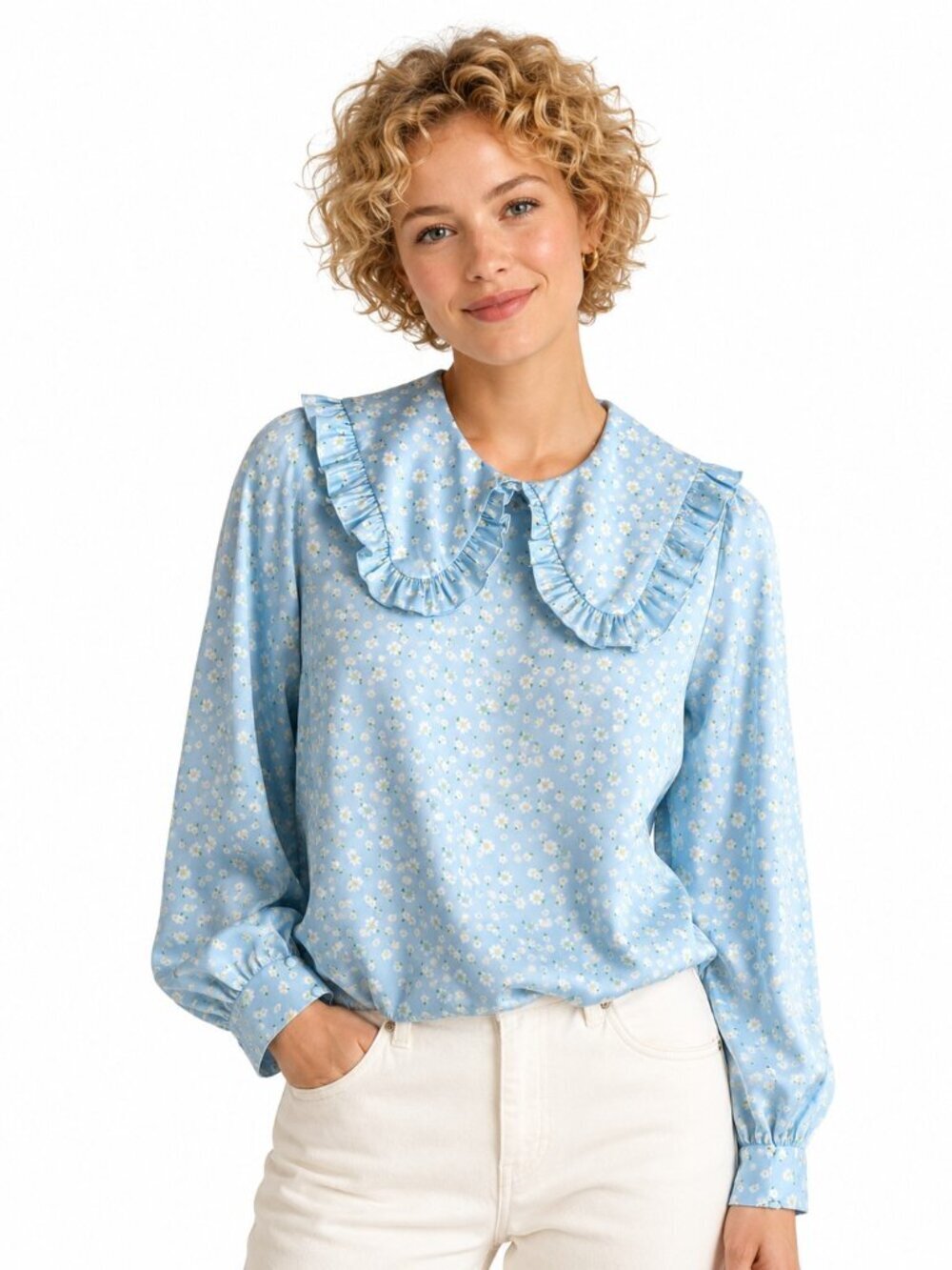 Twisted Wunder London Bib Collar Etta Blouse - Blue Ditsy Floral